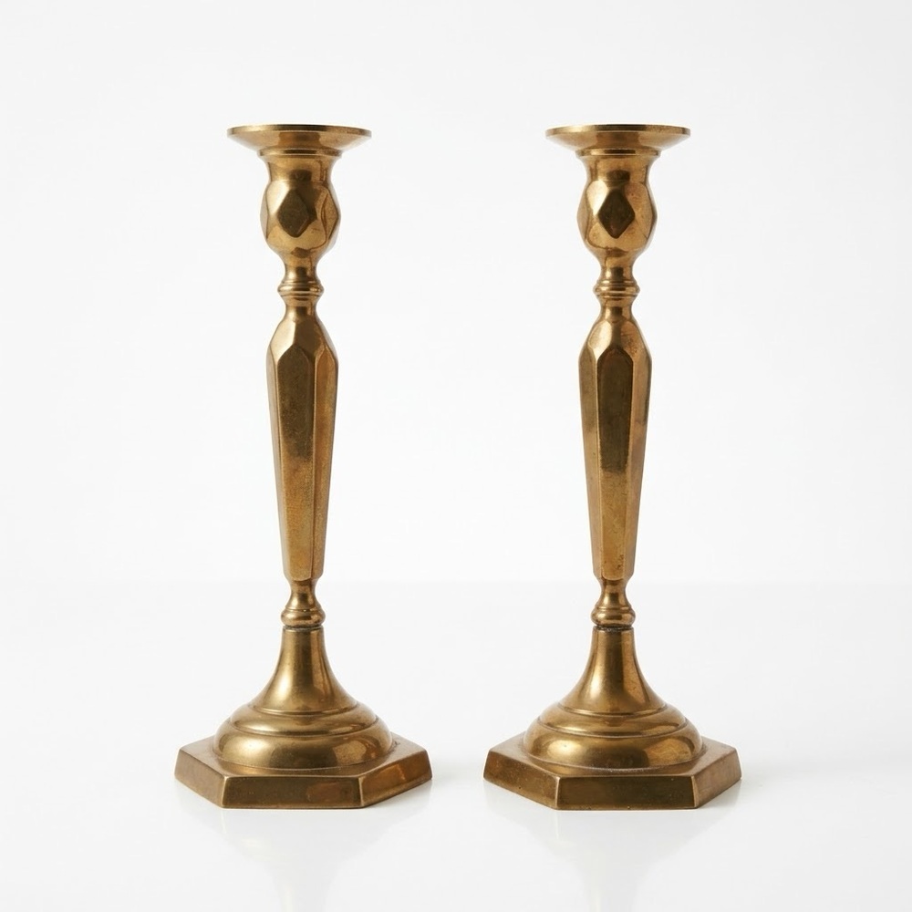 ⁠Vintage Thick Brass Plate Candlestick Holder Set Faceted Hex Base Candle Stand